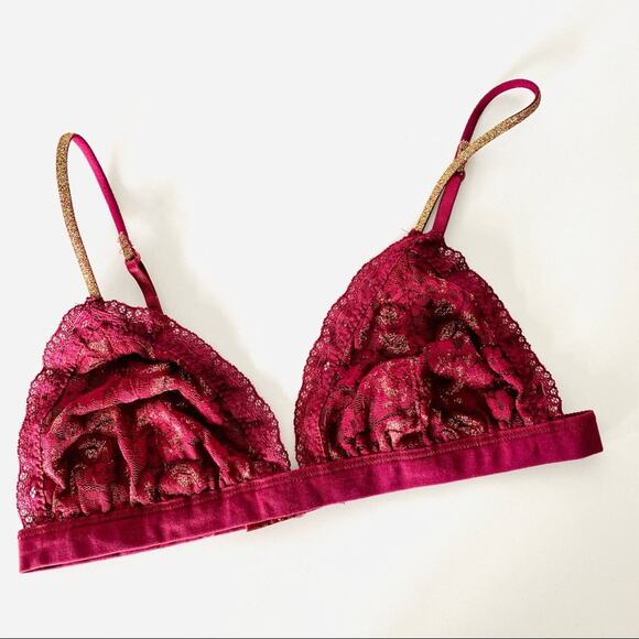 NEW VS VICTORIAS SECRET PINK Red Burgundy Gold Lace Triangle Bra Bralette XS - Picture 1 of 8